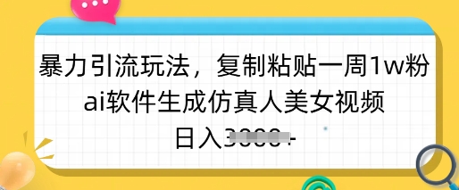 暴力引流玩法，复制粘贴一周1w粉，ai软件生成仿真人美女视频，日入多张-资源社区