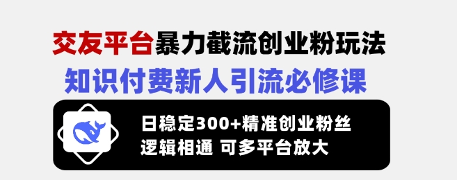 交友平台暴力截流创业粉玩法，知识付费新人引流必修课，日稳定300+精准创业粉丝，逻辑相通可多平台放大-资源社区