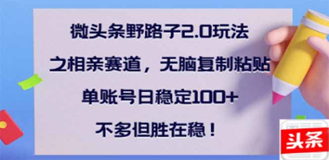 微头条野路子2.0玩法之相亲赛道，无脑搬砖复制粘贴，单账号日稳定300+…-资源社区